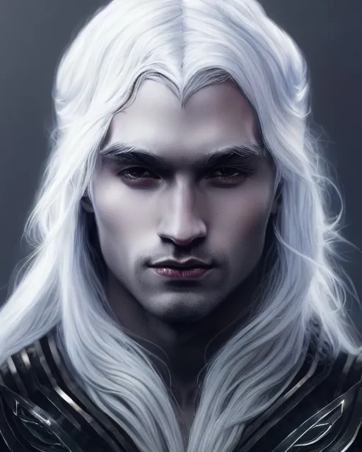 Portrait, Beautiful Male Drow, Long Wavy White Hair, | Stable Diffusion