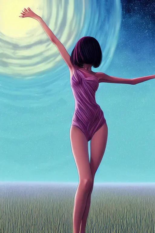Image similar to full body photograph of an attractive!!!! nervous girl wearing beautiful makeup standing in a field with her arms in the air, by ilya kuvshinov, christine rosamond, binary star system with rings made of intricate fractal!!!! patterns above her in the sky, by moebius, finnian macmanus. 7 0 mm