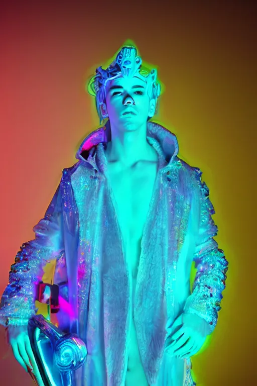 Image similar to photo of fullbody rococo and cyberpunk delicate neon crystalline sculpture of seductive muscular onyx albino marble prince joe jonas teal iridescent humanoid deity wearing yellow plastic hooded cloak holding an onyx skull in a onyx space dungeon, reclining, glowing yellow face, crown of white diamonds, cinematic lighting, photorealistic, octane render 8 k depth of field 3 d