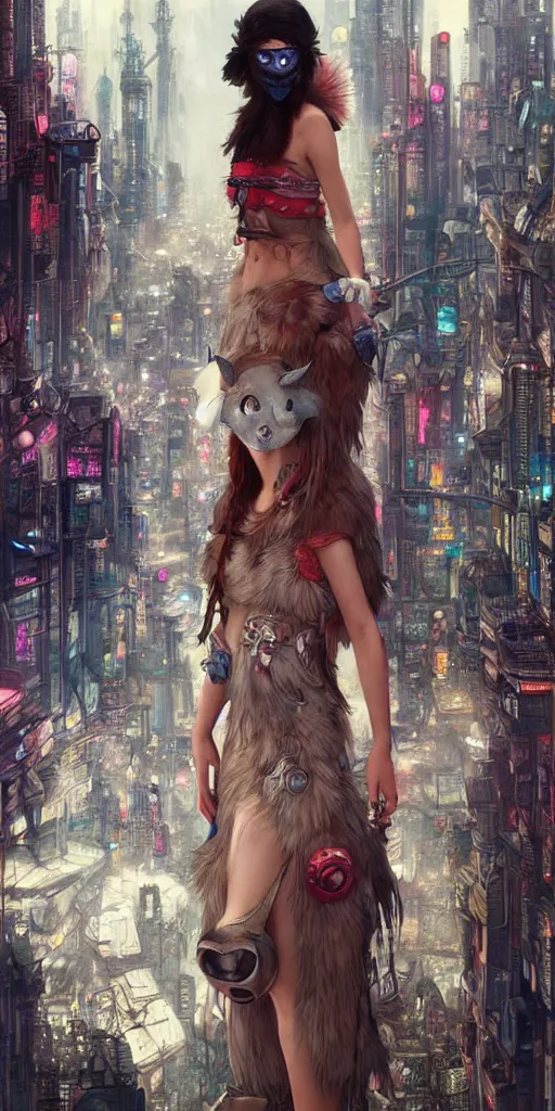 Image similar to hyper realistic Princess Mononoke with her mask, busy cyberpunk metropolis, city landscape, jewels, style of tom bagshaw, mucha, james gurney, norman rockwell, denoised, sharp