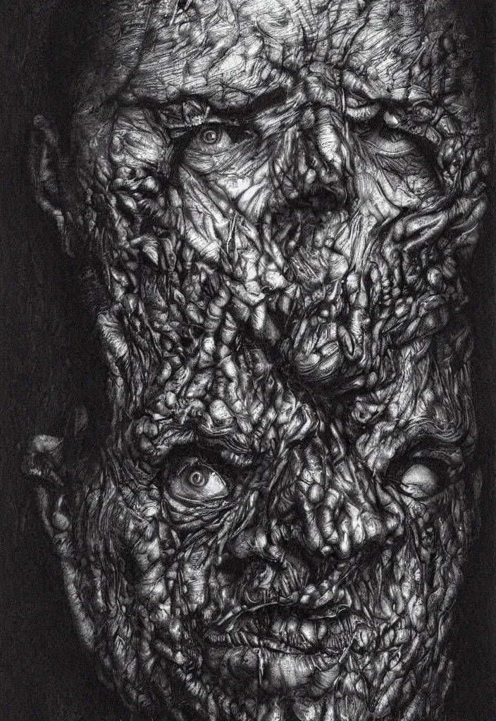 Image similar to extreme closeup portrait of a zombie face made of people, creepy atmosphere, dark, portrait, very realistic, illustration by gustave dore