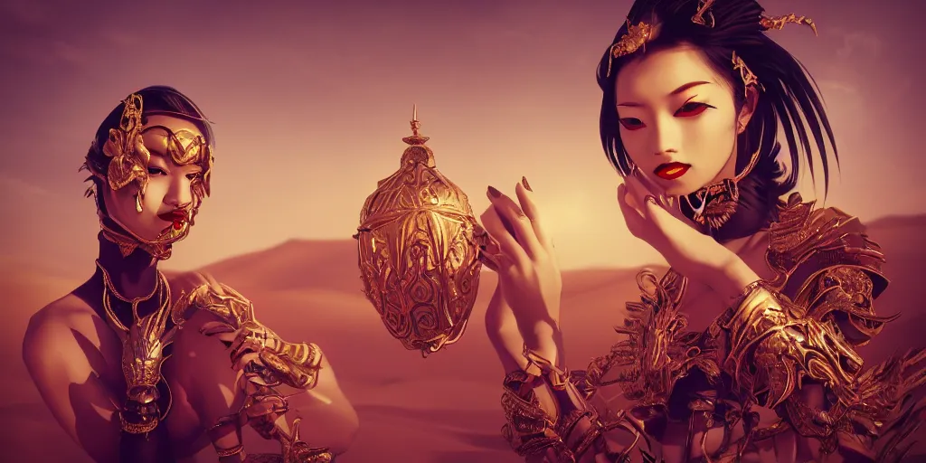 Prompt: giesha demon, innovative avant - garde art, deco fashion, asian women, highly detailed, photorealistic portrait, serene desert setting, crisp quality and light reflections, octane render, tarot card with ornate border frame