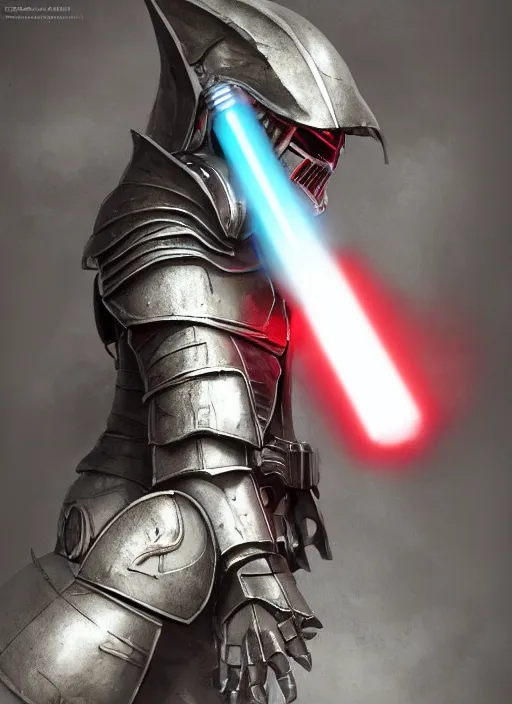 Image similar to side portrait of a humanoid shark in armor holding a lightsaber, 3 d render, hyper - realistic, detailed, concept art, ruan jia, wlop, scifi, fantasy, d & d, magic the gathering