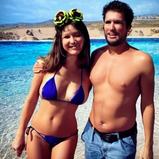 Image similar to photo of a 4 0 year old man that looks young for his age dating a very attractive 2 2 year old woman that's wearing a bikini.