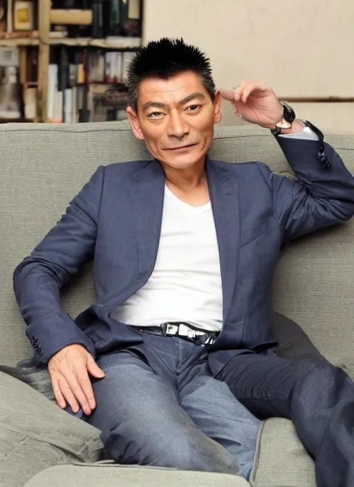 Image similar to hong kong star andy lau sits on the sofa and smokes