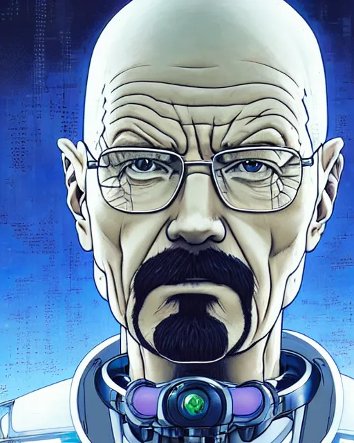 Image similar to portrait of walter white as a robot, cybernetic enhancements, art by makoto shinkai and alan bean, yukito kishiro