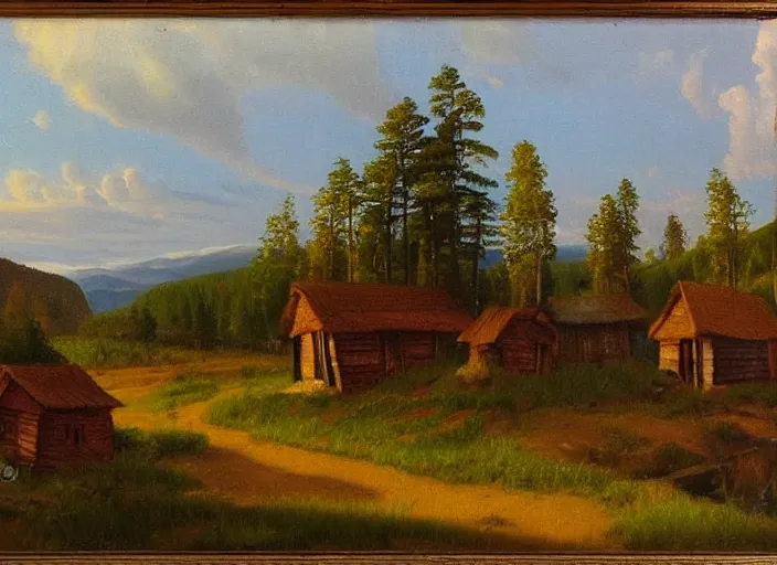 Image similar to the small wooden villages of siberia, russia in the style of hudson river school of art, oil on canvas