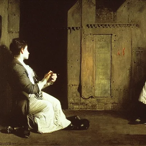 Image similar to young victorian man and woman solving a riddle in a dungeon, by alfred stevens