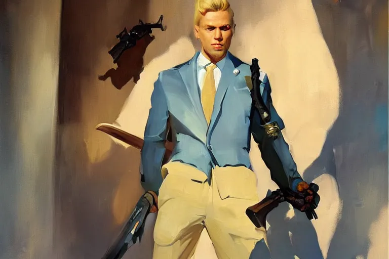 Image similar to greg manchess portrait painting of a blond man in a blue suit with a sword and a pistol, asymmetrical, profile picture, organic painting, sunny day, matte painting, bold shapes, hard edges, street art, trending on artstation, by huang guangjian, gil elvgren, ruan jia, randy vargas, greg rutkowski