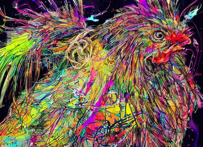 Image similar to psychedelic chicken illustrations by ralph steadman and bill sienkiewicz and carne griffiths