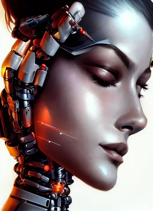 Image similar to portrait of a cyborg woman who turns her head to the ((((((right))))) left+2 (((((up))))) (((((down))))) by Artgerm,eyes closed , biomechanical, hyper detailled, trending on artstation