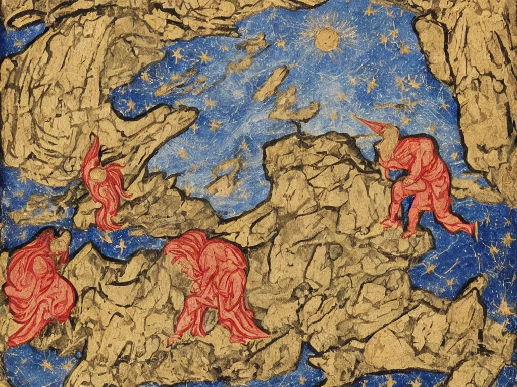 Prompt: Man pushing a giant strange jagged boulder. Unicorn with flower field, icy mountains, comet. Illuminated medieval manuscript painting.