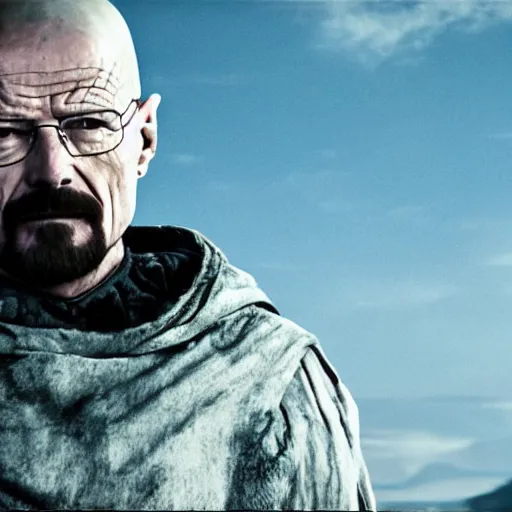 Image similar to walter white dresses like a knight from game of thrones, holding a sword, cinematic, highly - detailed, 8 k, hbo, game of thrones, realistic