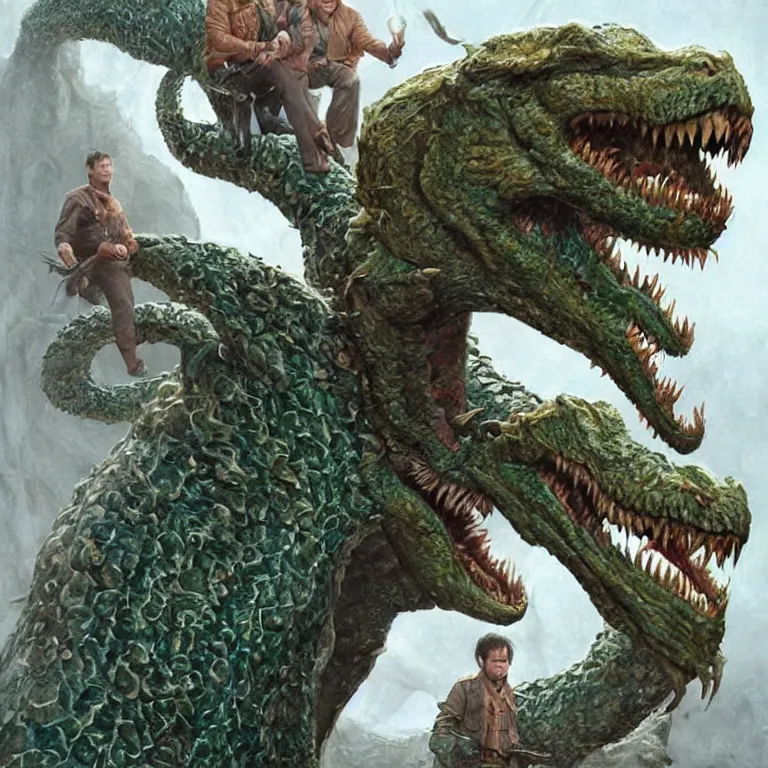 Image similar to two - headed hydra of lerna, jim carey as lloyd christmas beside jeff daniels as harry dunne ( from dumb and dumber ), serpentine water monster, d & d, fantasy, portrait, highly detailed, digital painting, trending on artstation, concept art, sharp focus, illustration, art by artgerm and greg rutkowski and magali villeneuve