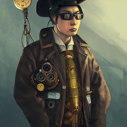 Prompt: Portrait of a japanese man wearing a steampunk engineer outfit in a grand theft auto 5 loading screen , art by Albert Bierstadt and James Gurney, highly detailed, digital painting, matte painting, concept art, illustration, oppressive lighting, trending on artstation, very detailed