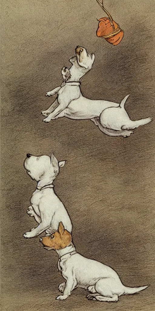 Image similar to jack russel dog looking up, silhouette, highly detailed illustrated by peggy fortnum and beatrix potter and sir john tenniel