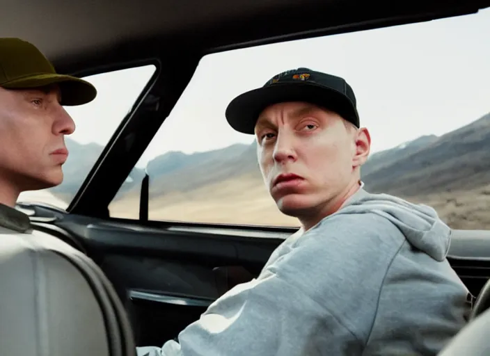 Image similar to a very high resolution image from a new movie, eminem driving a car. inside of a car. alone. mountains, directed by wes anderson