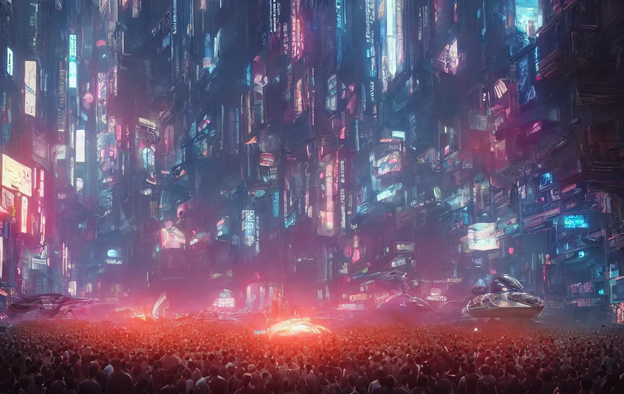 Prompt: photograph a crowd of people surrounding a giant female biomorphic cyborg in middle of futuristic blade runner 2 0 4 9 seoul korea, by jean moebius giraud, beeple, greg rutkowski. octane render. in the style of the fifth element, cyberpunk 2 0 4 9.