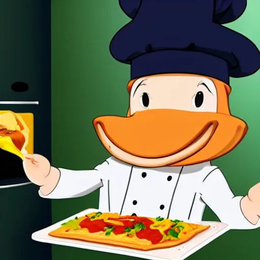 Prompt: cute platypus on a kitchen wearing a chef hat and holding a lasagna into an oven, anime style