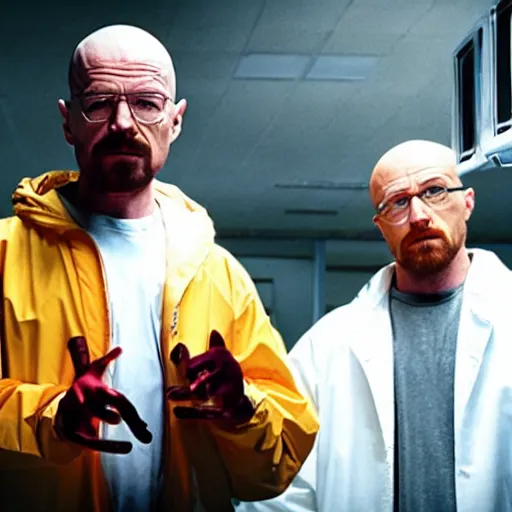 Image similar to walter white and jesse pinkman in gus frings underground laboratory on top of howard hamlin and lalo salamunca