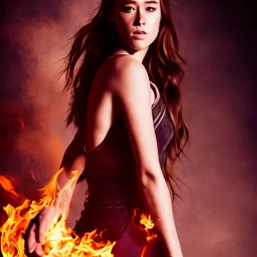 Prompt: full body of alycia debnam carey as a pyromancer , aruze colour aura, dreamwalker, EOS R5, f/2.8, HDR, studio light, medium close shot, dynamic pose, award winning photograph, Michelangelo style