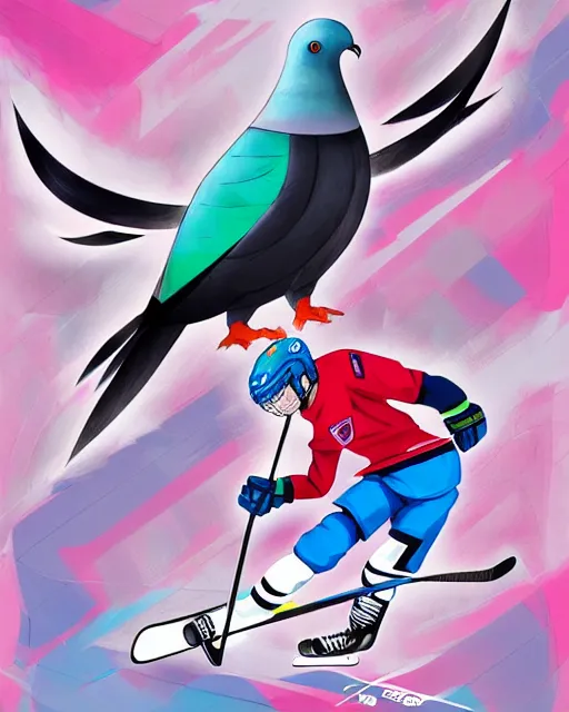 Prompt: pigeon!!! playing ice hockey, anime style, hyper detail, crisp linework, colorful mixed media, a brutalist designed, vivid colours, cryptic, mystical, pop surrealism by james jean, roby dwi antono, ross tran, steven kenny, paul neberra, ashley wood, atmospheric, trending on artstation. 8 k masterpiece.