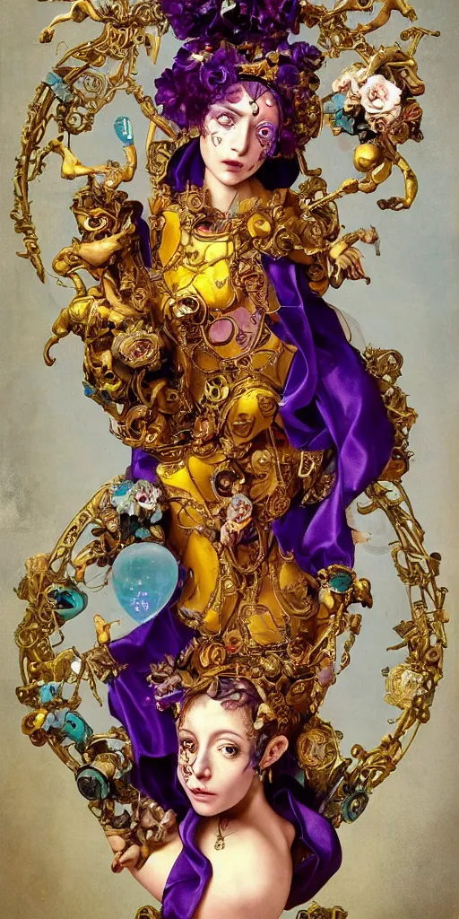 Image similar to a young beautiful Spanish metal android with a large glowing yellow lit crystal in the center of her chest, full-body bronze cyberpunk style statue of Venus with glowing purple eyes, crown of mechanical peach roses, flowing teal-colored silk, fabric, steampunk flowers. baroque elements, human skull. full-length view. baroque element. intricate artwork by caravaggio. many flying horses on background. Trending on artstation, octane render, cinematic lighting from the right, hyper realism, octane render, 8k, depth of field, 3D