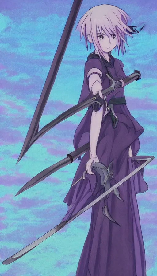 Image similar to a beautiful link drawing of the being death as a cute anime girl with a giant scythe from a studio ghibli film inspired by the death tarot card, dark vibes, pastel colors, cosmic,