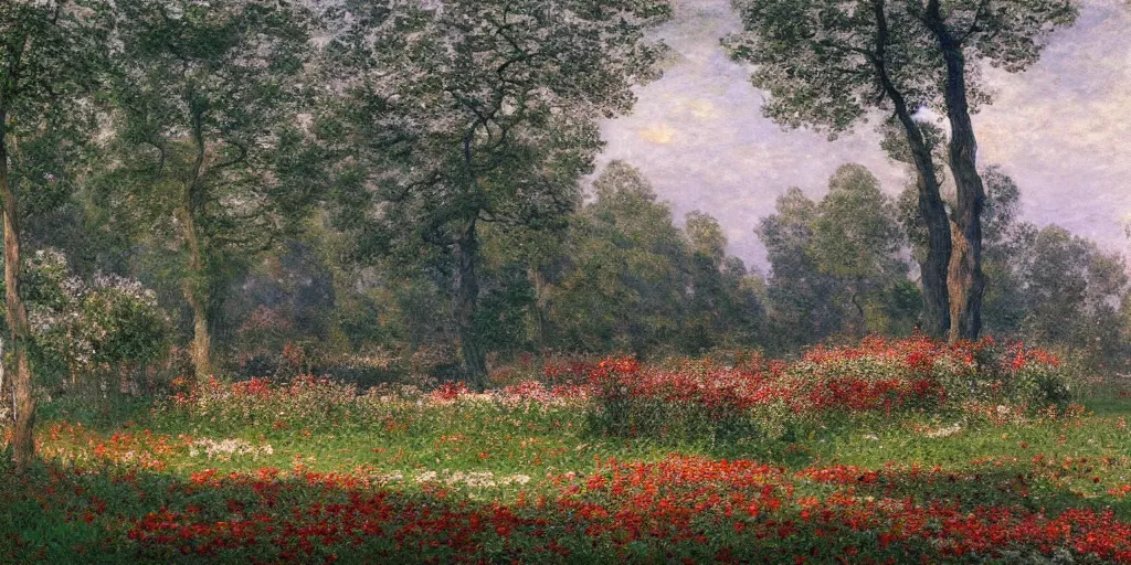 Image similar to a park with many beautiful flowers, by caspar david friedrich, by claude monet, canvas, paint, oil paint, tempera paint, dripping paint, splatter paint, macro, dof, insanely detailed and intricate, hypermaximalist, elegant, ornate, hyper realistic, super detailed