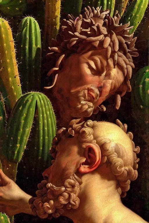 Prompt: renaissance painting of evil men, portrait, face closeup, emotions closeup, dressed in spartan armour, the beautiful garden with cactus everywhere, ultra detailed, art by guido reni style, vincenzo catena style