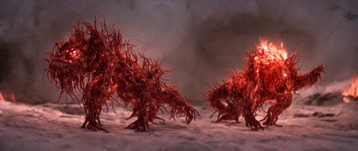 Image similar to filmic extreme wide shot movie still 4 k uhd interior 3 5 mm film color photograph of a detached snarling distorted deformed creature abstract shape shifting organism made of human tissue, running around the an arctic village that is on fire chasing humans in the style of the horror film the thing 1 9 8 2