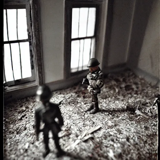 Prompt: toy soldier civil war inside abandoned dollhouse, 35mm grainy film photography