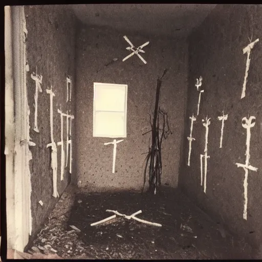 Prompt: creepy abandoned occult sacrifice site in building, crosses hanging on walls, handprints on floor, real Polaroid photo