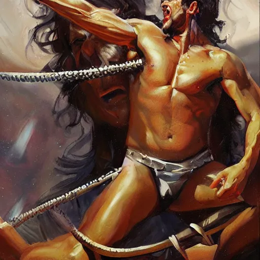Prompt: detailed illustration of perseus vs medusa, hyper detailed, realistic, oil painting, artwork by greg manchess, cinematic lighting