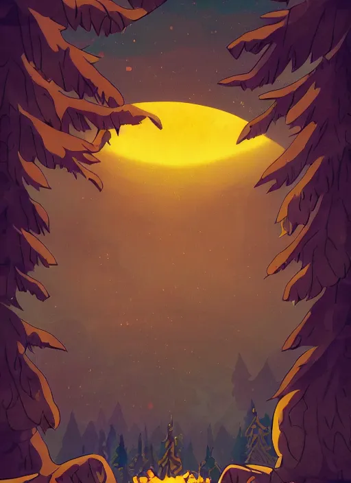 Prompt: Russian bootleg gravity falls poster, dramatic theming, disney animated series, mood lighting, unfortunate, hand painted cartoon art style, brutal, autumn, golden sunset, nostalgia, scenic, with text, 8k, award winning