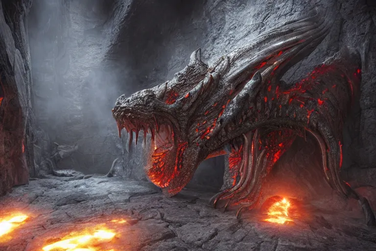 Image similar to realistic fiery balrog at the bottom of a huge long corridor in the mines of moria, 3 d octane render, photorealistic, style of h. r. giger