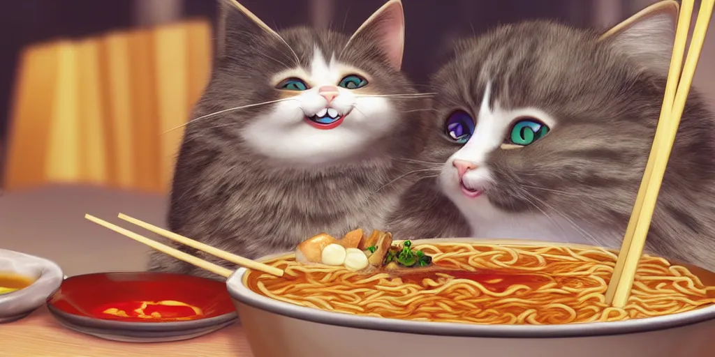 Image similar to A happy cat holding chopsticks and eating a bowl of ramen, hyper realistic, insane detail, Pixar