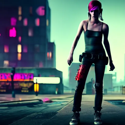 Prompt: a full body portrait of cyberpunk emma watson as a street kid, thug bunny, scum punk, working girl, in dark future city, cinematic lighting, hyper-realistic, unreal engine 5, 8k UHD, post process, cinematic, scantily clad, artstation, unreal engine 5 render, depth of field