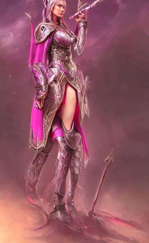 Image similar to a full body portrait of an elven woman with pink skin, and armor fit for a queen, wearing purple headphones, and smiling, dynamic lighting, photorealistic fantasy concept art, trending on art station, stunning visuals, creative, cinematic, ultra detailed