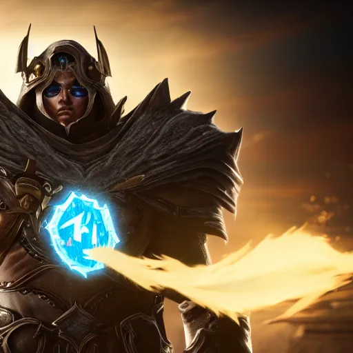 Image similar to 4 k unreal engine render of garen wearing lich king's armor ultra details digital art