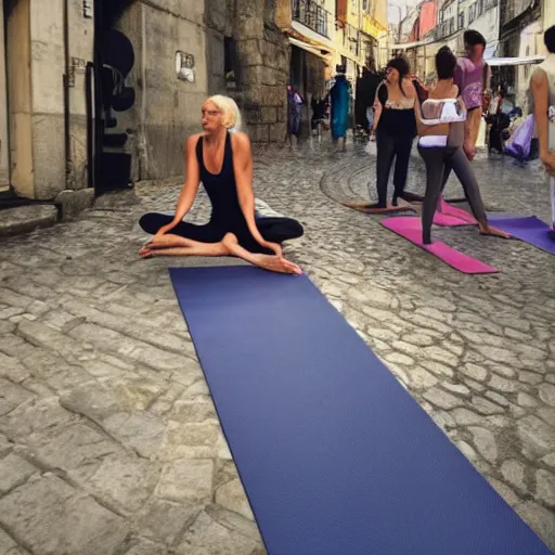 Image similar to a blonde woman in a yoga position selling paintings in Porto, greg rutkowski