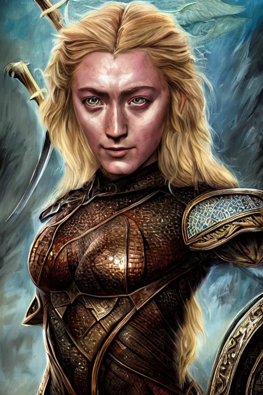 Image similar to A fantasy comic book style portrait painting of, hybrid of Saoirse Ronan, Cory Chase, as an Atlantean, Reptilian Warrior, Mystical Valkyrie, Armor, Sword, Spear, Sheild, François Boucher, Oil Painting, unreal 5, DAZ, hyper realistic, Photorealistic, octane render, Regal, Refined, Coherent, Detailed Digital Art, RPG portrait, William-Adolphe Bouguereau, Michael Cheval, Walt Disney (1937), Steampunk, golden dappled lighting, dynamic lighting, Highly Detailed, Cinematic Lighting, Unreal Engine, 8k, HD