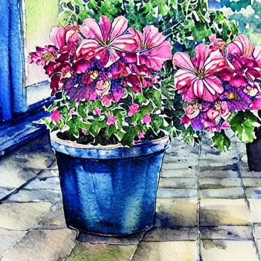 Prompt: a beautifull intricate watercolor painting of potted planter with flowers inside sitting on wet sidewalk, reflexions, high details by stephanie law art