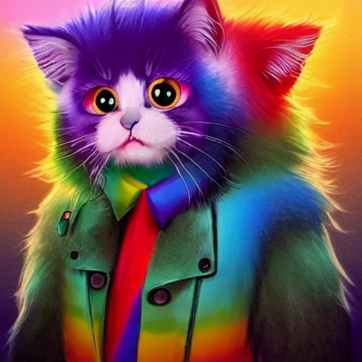 Image similar to wide angle full body, jacket wearing fluffy cute rainbow kitten wearing a black leather motorcycle jacket, cinematic concept art