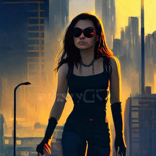 Prompt: portrait of a young mila kunis in front of a cyberpunk city, sunglasses, dramatic light, cyberpunk tech wear, city background, sunset, high contrast, sharp, painted by stanley lau, painted by greg rutkowski, painted by stanley artgerm, digital art, trending on artstation