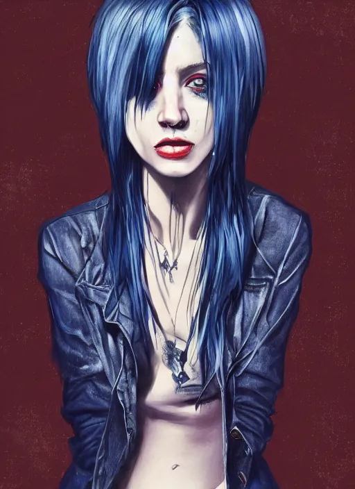 Prompt: medium shot, low angle, grunge style, nice pale girl with midnight blue hair, messy dyed in midnight blue bob cut hairstyle, amber oval eyes, grunge clothes, jeans, high boots, dynamic pose, digital art, highly detailed, sharp focus, digital painting, artwork by Rutkowsky, by Victor Adame Minguez by Yuumei by Tom Lovell by Sandro Botticelli