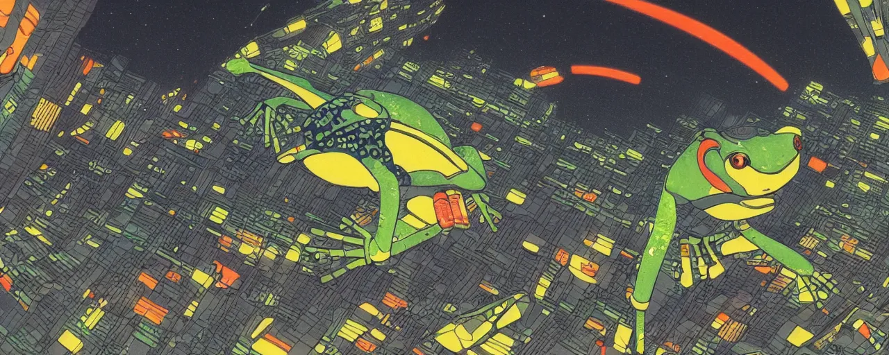 Prompt: frog robot at night in the center of a futuristic sci-fi asian city, blade runned color palette, by Yasunari Ikenaga, Yamato, Macross