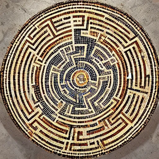 Image similar to medium shot Mosaic depicting a labyrinth, from Italica, AD 176-275. Archaeological Museum, Seville. Byzantine mosaics, highly detailed, HQ, HD, beautiful, National Geographic,