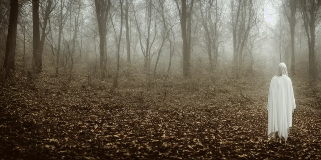 Prompt: a white female ghost in a forest, 35mm, cinematic atmosphere, mist, photorealistic, depth of field, gloomy