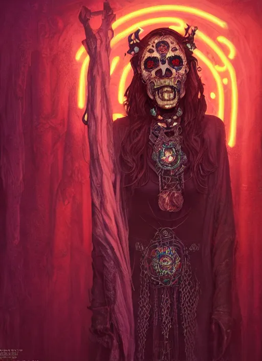 Prompt: inside covens den, diffuse lighting, creepy neon skull hyper ornate wiccan masks, hdrp render, intricate wiccan facial detailing, highly detailed, lifelike, photorealistic, digital painting, artstation, unreal 5, smooth, sharp focus, art by john collier, albert aublet, krenz cushart